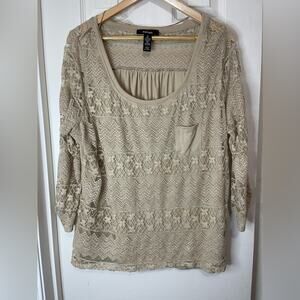 Style & Co Tan Crochet Lace Bohemian Top with 3/4 Roll Tab sleeves size 3X